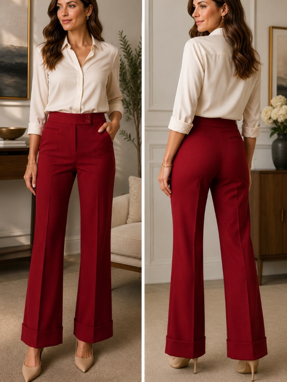 BCBGMAXAZRIA Cherry Red Tailored Cuffed Flare Pants Size 0